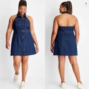 NEW Future Collective Women's Backless Collared Denim Mini Dress - Blue Size 18